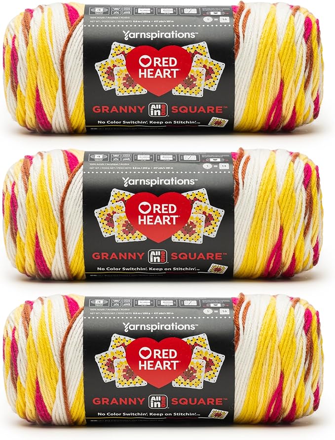 Red Heart All in ONE Granny Square Buttercup Blush Yarn - 3 Pack of 8.8oz/250g - 100% Acrylic - #4 Worsted (Medium) - 417 Yards - Knitting/Crochet