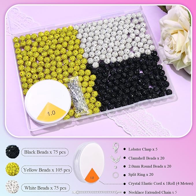 Dowarm 255PCS 10mm Rhinestone Beads for Baseball Rhinestone Necklace Bracelet Jewelry Making, Round Polymer Clay Beads for Crafts Beaded Pen, Shamballa Pave Disco Diamond Bead, Yellow|Black|White