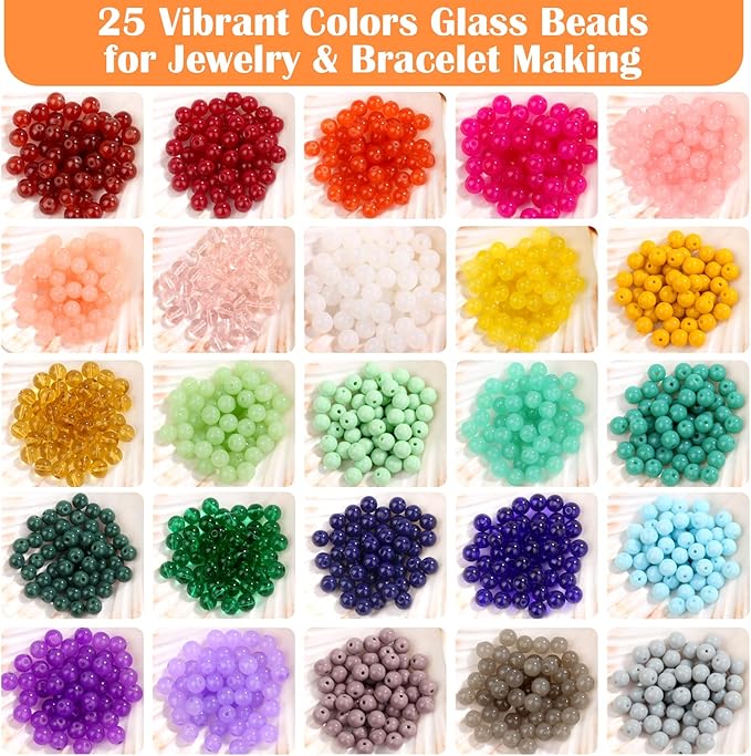 selizo 1250Pcs Glass Beads, 8mm Round, 25 Vibrant Colors, for Bracelets, Jewelry Making, DIY Crafts