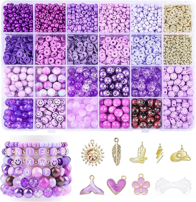 Purple Beads for Jewelry Making,3500pcs Clay Beads,Purple Friendship Bracelet Making Kit DIY Craft Set with 3mm Seed Bead,8mm Glass Bead
