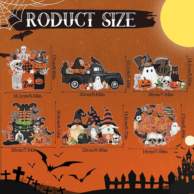 6 Pcs Halloween Diamond Art Painting Kits Hanging Sign Set Witch Pumpkin Gnome Glow in The Dark Diamond Art Painting Kits Halloween Hanger Adult 5d DIY Craft for Wall Door Window Porch Decor