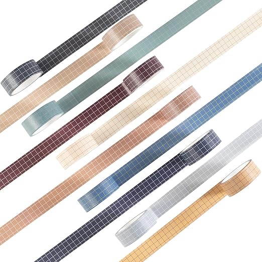Grid Washi Tape Set 10 Rolls Plaid Decorative Tapes for Journals, Planners, Scrapbooking, Gift Wrapping, DIY Crafts (Fog City)