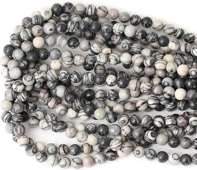 cheavian 45pcs 8mm natural black network zebra stone round loose beads for jewelry making diy bracelet necklace materials 1 strand 15"