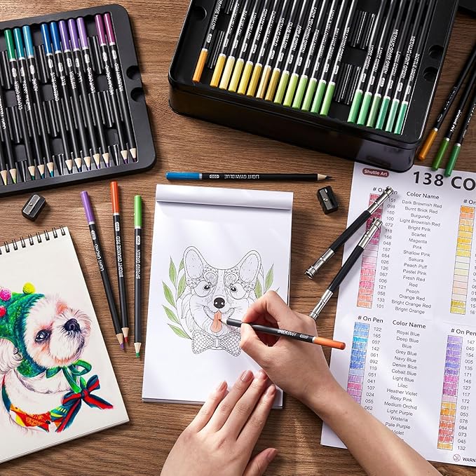 Shuttle Art 138 Colored Pencils for Adults, Soft Core Coloring Pencils Set with 1 Coloring Book,1 Sketch Pad, 4 Sharpener, 2 Pencil Extender, Perfect for Artists Kids Adults, Drawing