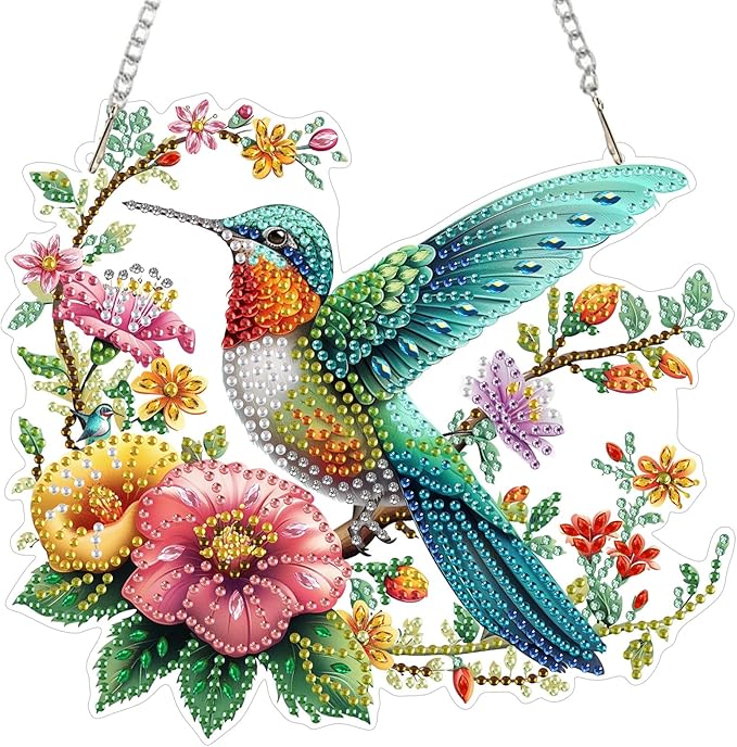 Hanging Diamond Art Kit for Adult, Hummingbird, 5D Special Shaped Rhinestone Diamond Painting Ornament, Hummingbird Flowers, DIY Acrylic Diamond Art Painting Window Pendants Home Garden Wall Decor