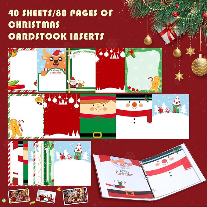 Jetec Christmas Photo Album Scrapbook 80 Page 12.5 x 10.8 x 2.1 Inch 3 Rings Removable Christmas Memory Book DIY Scrapbook Kit with Stickers Holds 4 x 6 5 x 7 8 x 10 Pictures for Xmas Gifts (Cute)