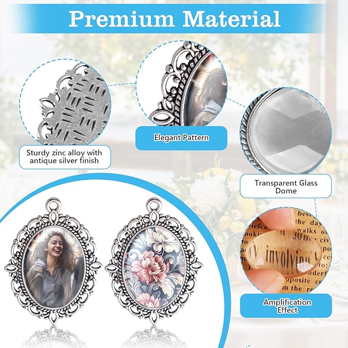 100 Pcs Bezel Pendant Blanks Settings, 50 Oval Pendant Trays Photo Charms with 50 Clear Glass Cabochon for Jewelry Making, DIY Blank Bezels Trays Kit for Crafts, 25x18mm (Antique Silver)