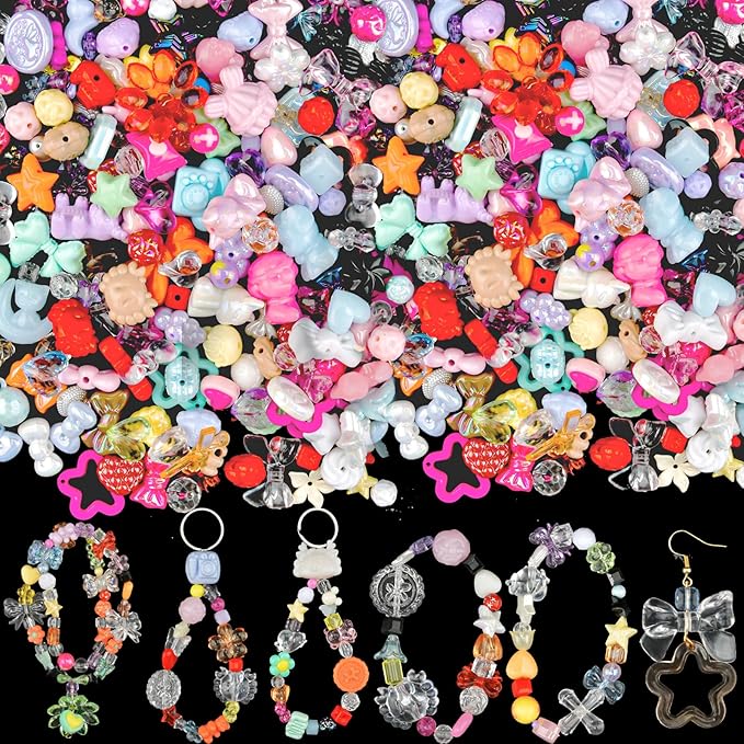 ABONDEVER 245-300Pcs Assorted Acrylic Beads for Bracelets Making Cute Star Bow Flower Candy Heart Gummy Bear Butterfly Aesthetic Beads for DIY Jewelry Keychain Necklace Phone Charms(Random)