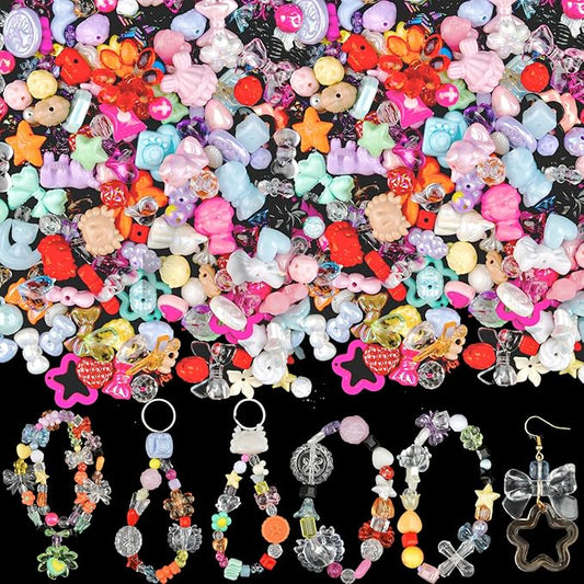 ABONDEVER 245-300Pcs Assorted Acrylic Beads for Bracelets Making Cute Star Bow Flower Candy Heart Gummy Bear Butterfly Aesthetic Beads for DIY Jewelry Keychain Necklace Phone Charms(Random)