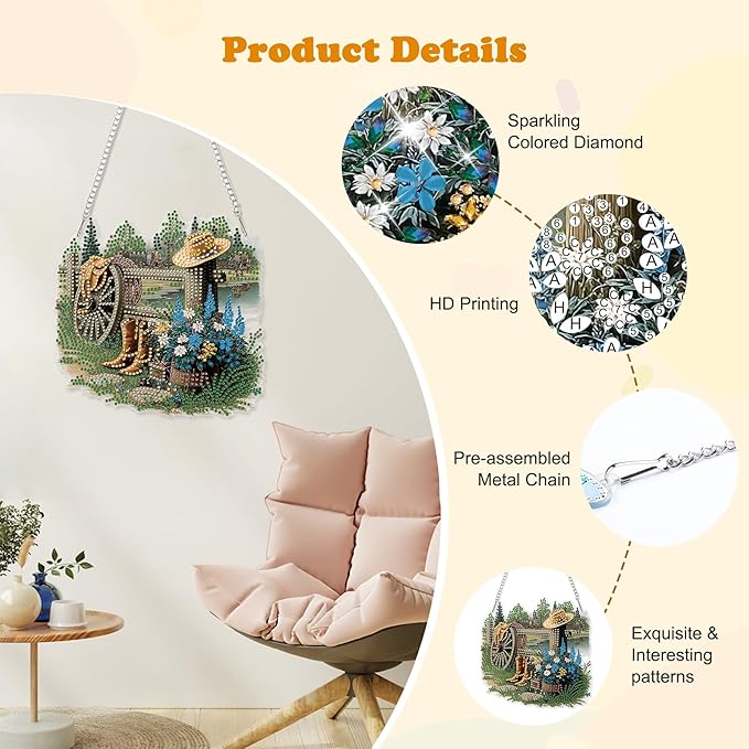HEIBAGO Boot Diamond Art Hanging Kits Farm for Adults, Cowboy Hat Diamond Art Suncatchers,5D Special Shape Diamond Painting Pendant Window Ornament Gifts for Home Garden Door Wall Decor 8.3x8.3In