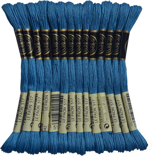 LE PAON Embroidery Floss, 14-Pack Six Strands 100% Long Staple Cotton Embroidery Thread, 8.7-Yard，Color Number：517,Medium Wedgewood