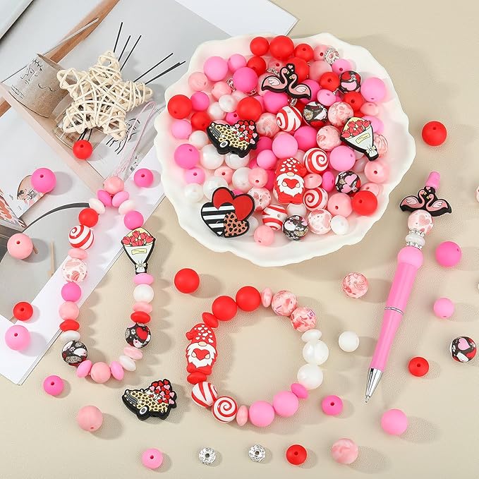 121 Pcs Valentines Day Themed 12mm 15mm Silicone Beads Kit for Keychain Making Heart Beads Round Focal Beads for Pens Bracelets Necklace DIY Crafts Jewelry Making