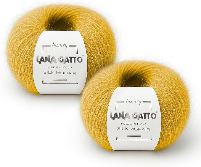 Silk Mohair Yarn for Knitting – Lace Weight Mohair Yarn with Silk, Made in Italy – Yellow-14531, 2 Skeins