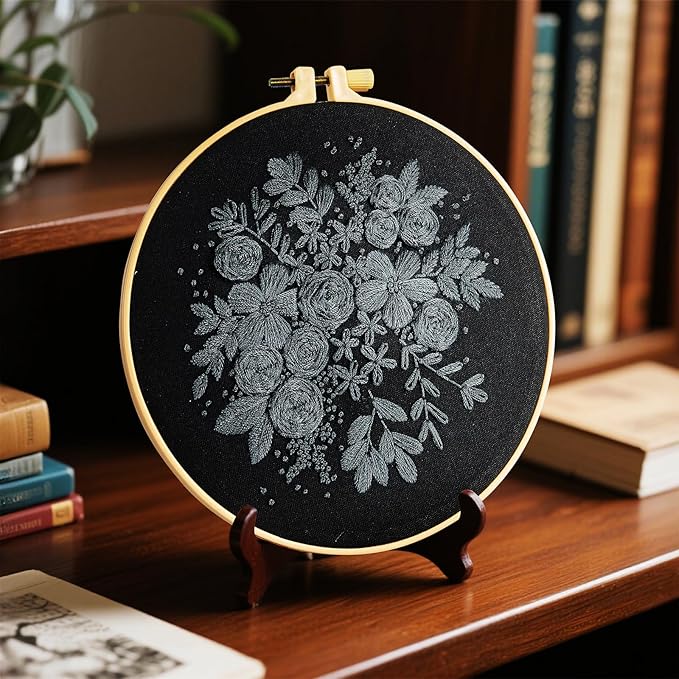 Crafmanoe Embroidery Kits for Beginners Adults, Black Flowers Embroidery Starter Kits, Counted Cross Stitch Kits for Beginners Adults Hobbies Set for Women, Embroidery Hoops, Thread and Video Tutorial