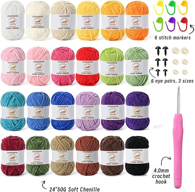24 Pack Fluffy Velvet Yarn for Crocheting, Chunky Chenille Baby Yarn for Crocheting Soft Blanket, 1575 yds Amigurumi Yarns for Knitting, Bulky Multicolored Crochet Yarns Set B