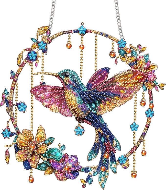Bimkole Bird Diamond Art Hanging Kit for Adult, DIY 5D Flowers Diamond Painting Window Pendant, Acrylic Crystal Art Hanging Ornament for Wall Home Garden Front Door Decor - 7.8x7.8 Inch