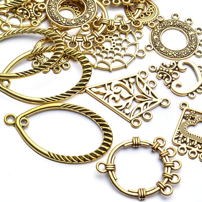 Earring Connectors, 40pcs 10 Styles Tibetan Bohemian Chandelier Charms Metal Embellishments for DIY Dangle Earring Drop Jewellery Making Kits, Antique Golden