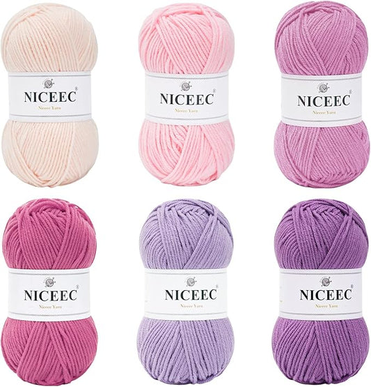 NICEEC 300g Soft Assorted Colors Yarn - Sport Weight,100% Acrylic, 4 Ply, Bonbons Yarn for Crochet & Knit, DIY Project Starter Kit for Kids or Adults(Total 870yds) - Purple Series