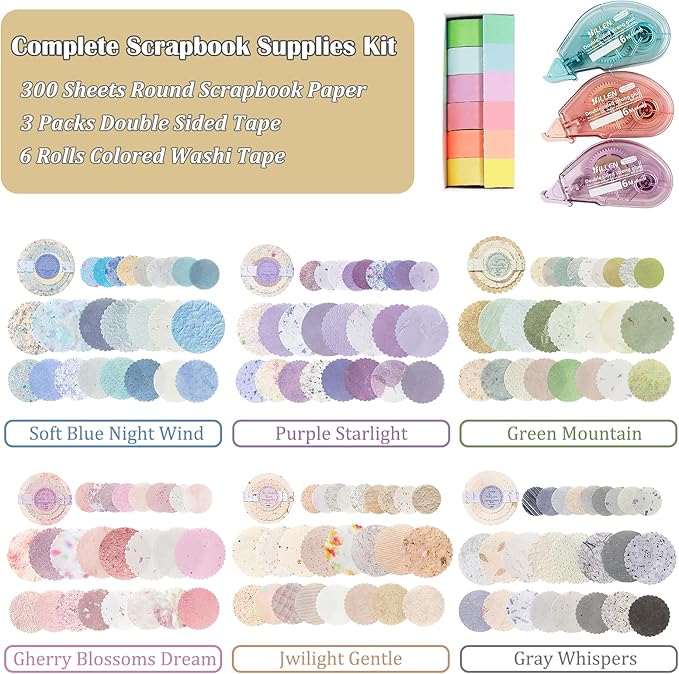 300 Sheets Scrapbook Paper Kit with 3 Double Sided Tapes & 6 Rolls Colored Washi Tape, 6 Themes Embossed Textured & Printed Round Scrapbook Paper for Scrapbooking, Junk Journal, Card Making