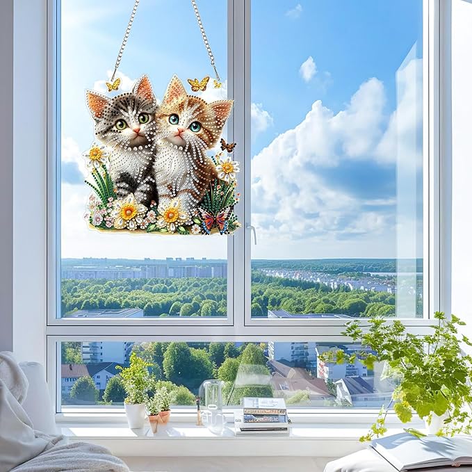 KEYIFA Cats Diamond Painting Kit, DIY Flowers Diamond Art for Adults, Diamonds Pendant Special Shaped Rhinestone Window Hanging Ornaments Home Garden Wall Door Decoration, 20cm Width