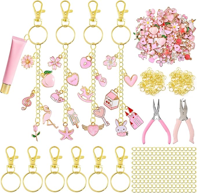 PYURTHITY 254 Pcs Pink Charms Lip Gloss Keychain Making Kit Include Pink Gold Enamel Charms Keychain Clips Extender Chains Jump Ring Plier DIY Jewelry Crafts Gifts for Women Adults