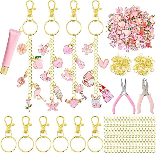 PYURTHITY 254 Pcs Pink Charms Lip Gloss Keychain Making Kit Include Pink Gold Enamel Charms Keychain Clips Extender Chains Jump Ring Plier DIY Jewelry Crafts Gifts for Women Adults
