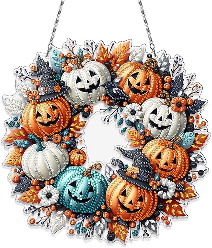 Diamond Art Hanging Kits for Adult, Pumpkin Wreath Diamond Art Crafts Decor, 5D DIY Acrylic Diamond Art Painting Ornaments, Window Pendants Wall Hanging Kits for Home Garden