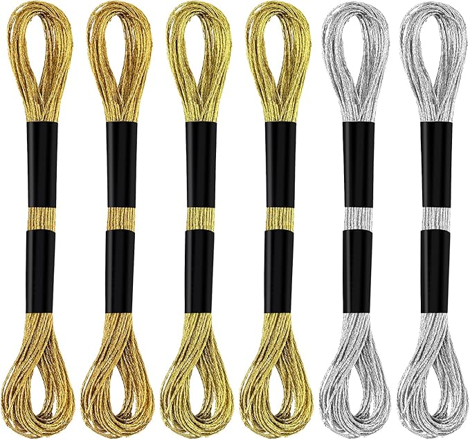 6 Skeins Embroidery Threads, Metallic Embroidery Floss Friendship Bracelet Cross Stitch Thread for Sewing Making Yarn Accessories Craft String Art Supplies (Gold+Light Gold+Silver)