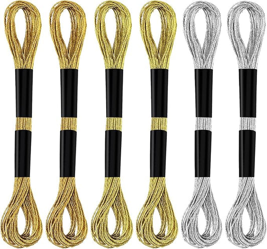 6 Skeins Embroidery Threads, Metallic Embroidery Floss Friendship Bracelet Cross Stitch Thread for Sewing Making Yarn Accessories Craft String Art Supplies (Gold+Light Gold+Silver)