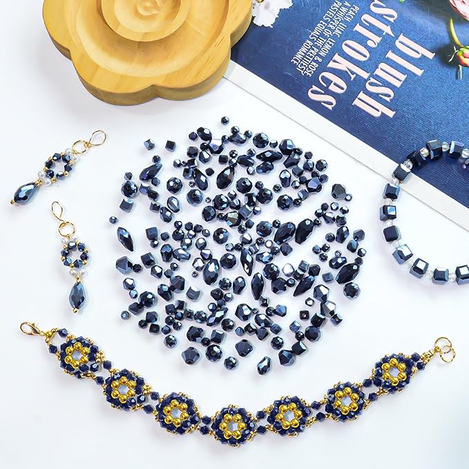 1500 Pcs Crystal Glass Beads for Jewelry Making – 12 Styles Bicone, Rondelle, Cube, Teardrop & 3mm Spacer Beads, DIY Bracelet Necklace Earring Craft Kit with Organizer Box(Vavy Blue)
