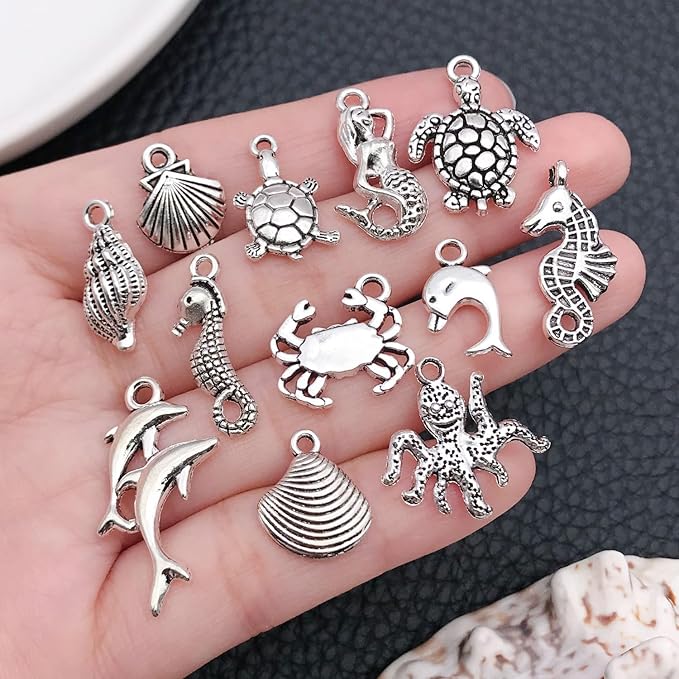WOCRAFT 60pcs Antique Silver Ocean Charms Bracelet Charms for Jewelry Making Sets DIY Necklace Bracelet Keychain Crafting Charms Kit Craft Supplies (SN881)