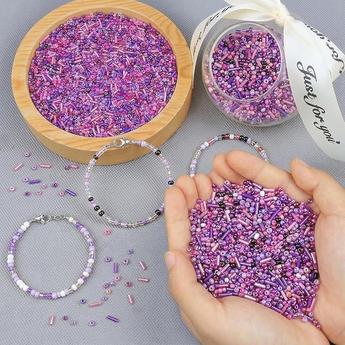 DUQGUHO Purple Beads for Jewelry Making 4mm Purple Glass Seed Beads Kit 15 Color 3mm 2mm Small Plastic Tube Bead for Bracelets Craft DIY