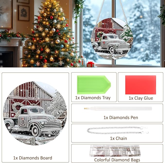 SENQAO Christmas Diamond Art Hanging Kits for Adults Kids, Farmhouse Truck Diamond Art Suncatchers, 5D Special Shape Diamond Painting Pendant Window Ornament Gifts for Home Door Wall Decor