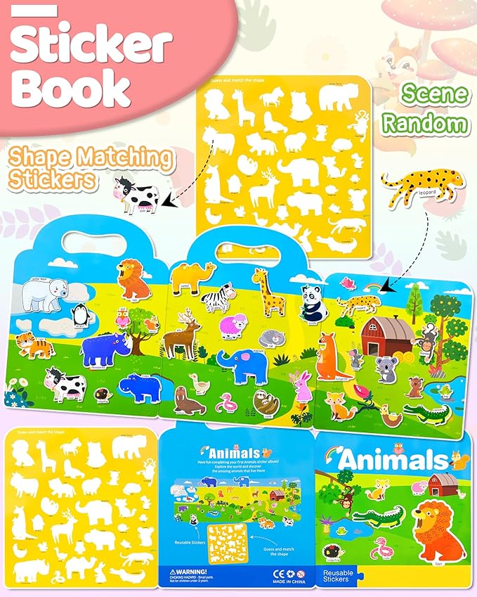 benresive reusable sticker books for kids, sticker books for toddlers, toddler travel toys activities crafts ages 3 and up birthday gifts - animal