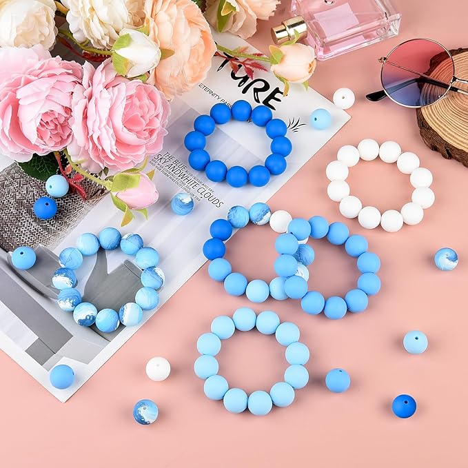ASTARON 100 Pcs 15mm Silicone Beads for Keychain Making, White Blue Silicone Round Beads Bulk for Bracelets Pens Crafts Supplies