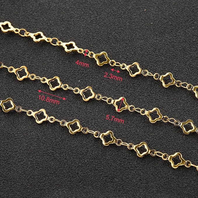 YOUBEIYEE 13 Feet Four Leaf Clover Chains for Jewelry Making Gold Plated Stainless Steel Chains Bulk on Spool