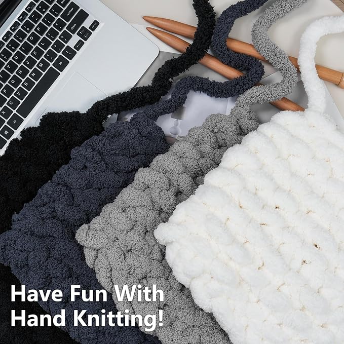 Chunky Yarn for Hand Knitting - #10 Chunky Chenille Yarn, Jumbo Big Thick Chunky Yarns for Crocheting, Super Bulky Chunky Knit Blanket Yarns, 8 Skein (25yd, 8oz/Skein), Cream & Multi Grey