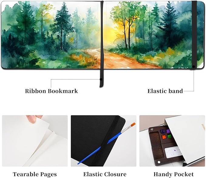Vienrose Watercolor Sketchbook 2 Pack, 8.25"x5.5" Watercolor Journal with 24 Sheets 48 Pages 140 LB (300 GSM) Cotton Watercolor Paper, Black Leather Cover Water Coloring Sketch Book As Travel Notebook