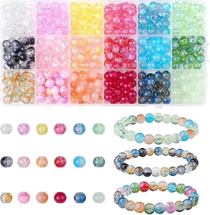 DUQGUHO 8mm Glass Beads for Jewelry Making Colorful Beads for Crafts Crystal 18 Colors Round Beads Bulk Bead Bracelet Kit 360PCS