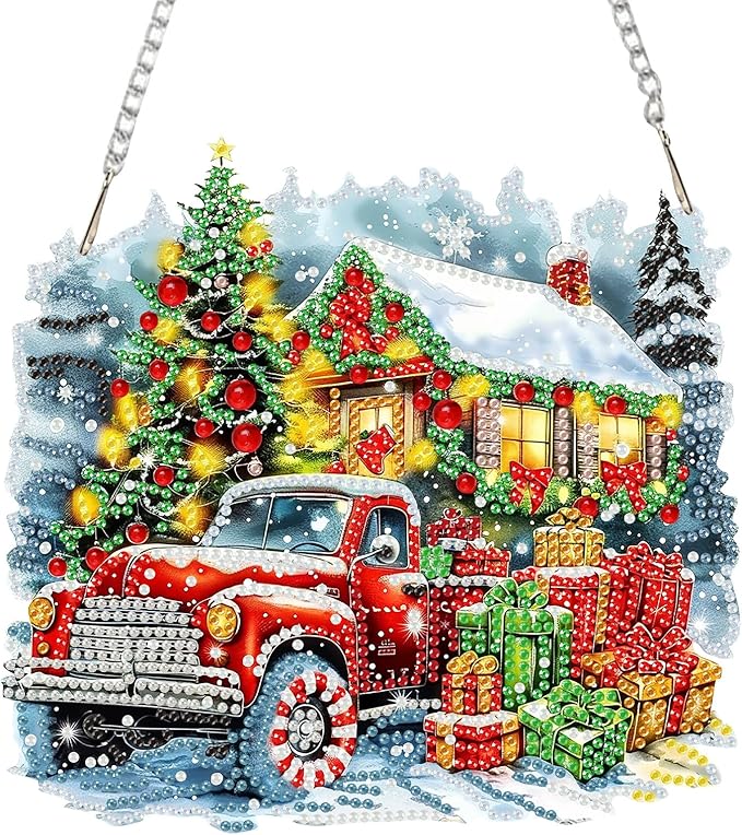 SENQAO Christmas Diamond Art Hanging Kits for Adults Kids, Truck Christmas Gifts Diamond Art Suncatchers, 5D Special Shape Diamond Painting Pendant Window Ornament Gifts for Home Door Wall Decor