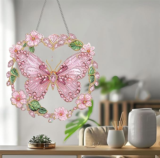 Bimkole Pink Butterfly Diamond Art Hanging Kit for Adult, DIY 5D Flowers Diamond Art Painting Window Pendant, Acrylic Crystal Art Hanging Ornament for Wall Home Garden Front Door Decor - 7.8x7.8 Inch