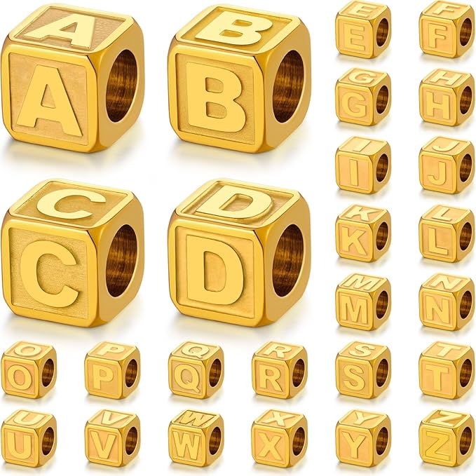 26 Pcs Non-Tarnish Gold Metal Letter Beads, Stainless Steel 88mm Large Square for Bracelets, Necklace, Bag Charms, Shoe Lace, Charms for Sneakers
