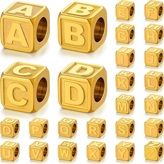 26 Pcs Non-Tarnish Gold Metal Letter Beads, Stainless Steel 88mm Large Square for Bracelets, Necklace, Bag Charms, Shoe Lace, Charms for Sneakers