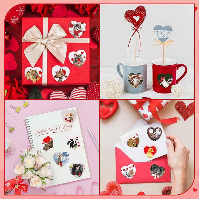 beyumi 1000pcs valentine's day realistic animal stickers in 2 rolls for kids valentine animal heart decals waterproof vinyl labels for greeting card envelope scrapbooking party decor gift girls teens