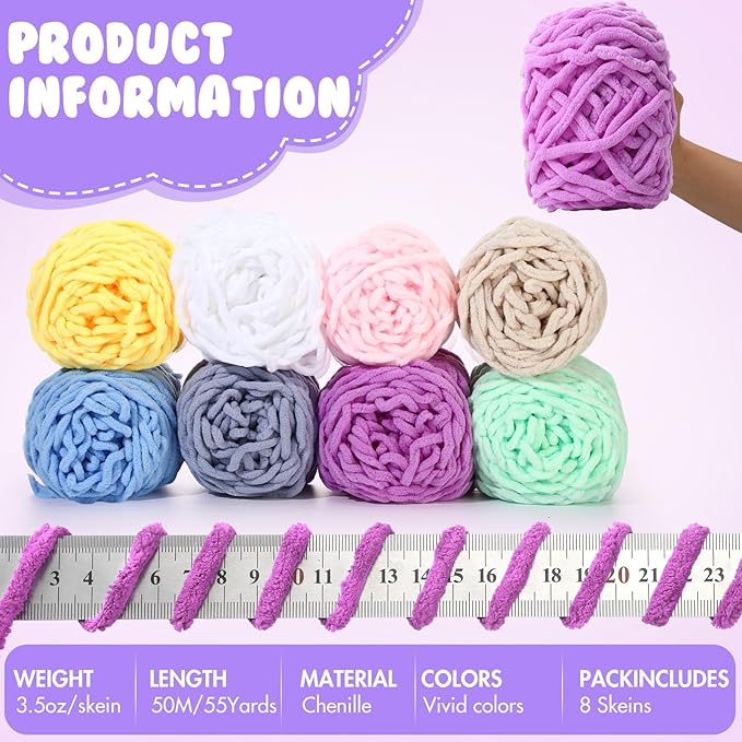 Buryeah 8 Pack Chunky Chenille Yarn for Crocheting Soft Thick Fluffy Yarn for Hand Knitting Bulky Velvet Blanket Plush for Weaving DIY Crafts Each 3.5 oz 55 Yards (Vivid Colors)