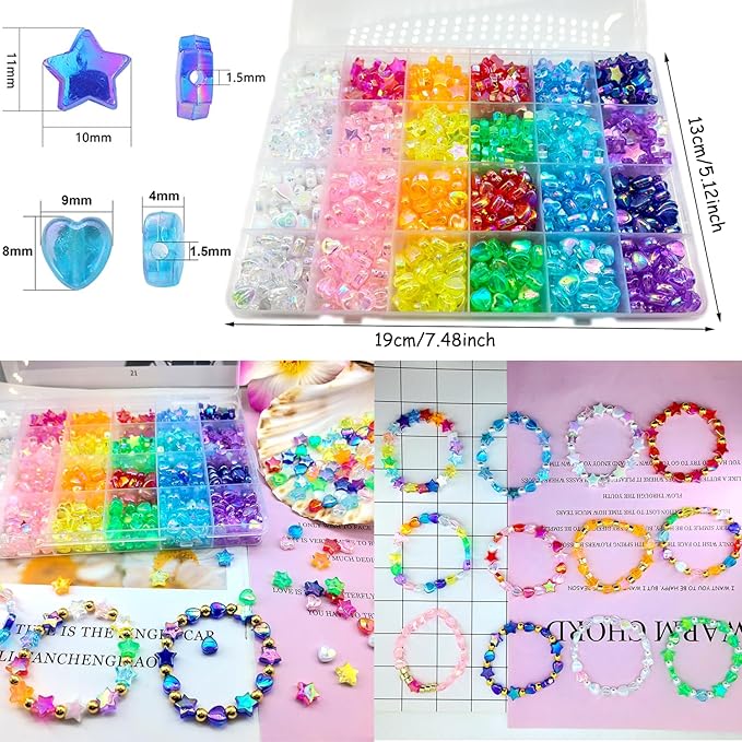 840 PCS Acrylic Beads Heart Star Shape Beads for Jewelry Making, Clear Acrylic AB Colors Bead Assortments Colorful Charming Beads Loose Beads Spacer for DIY Necklace Bracelet Jewelry Craft Making