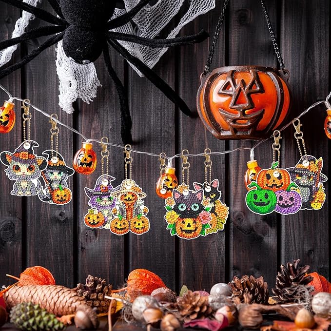 12 Pcs Halloween Cat Diamond Keychains Kit Double Sided DIY Cute Halloween Cat Diamond Keychains for Beginners Adults Art Craft Supplies Holiday Gift