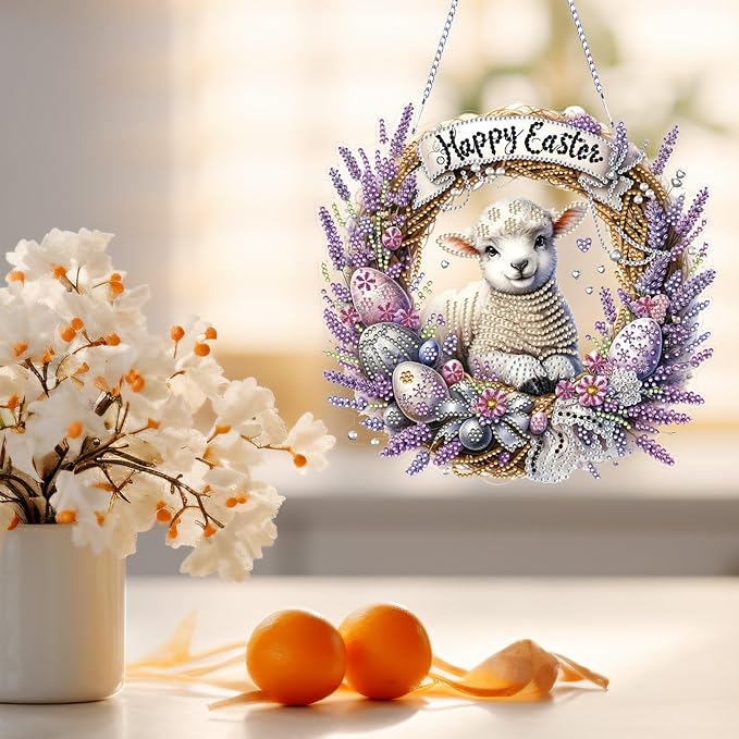 VODAPYC Easter Diamond Art Hanging Kits for Adults, DIY Double Sided Partial Special Shaped Diamond Painting Window Pendant Ornament(Happy Easter Sheep)
