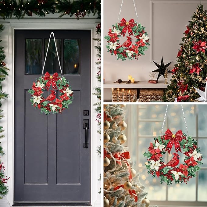 MEIYUDA Christmas Diamond Art Hanging Kits for Adult, Cardinal Wreath Diamond Painting Hanging Kits Ornaments, DIY Special Shaped Rhinestone Window Pendants Kit for Home Garden Wall Decor