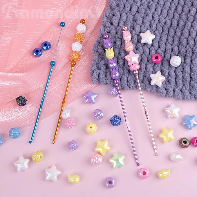 Framendino, 6 Pack DIY Beadable Crochet Hooks Knitting Needles Set Aluminum Handle 3 mm for Focal Beads Colors